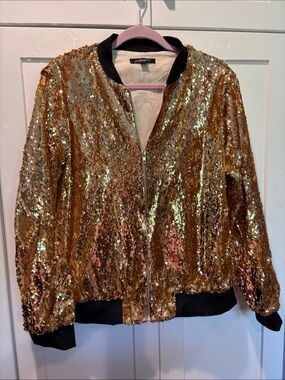 HAODUOYI Gold Sequin Bomber Jacket with Black Trim